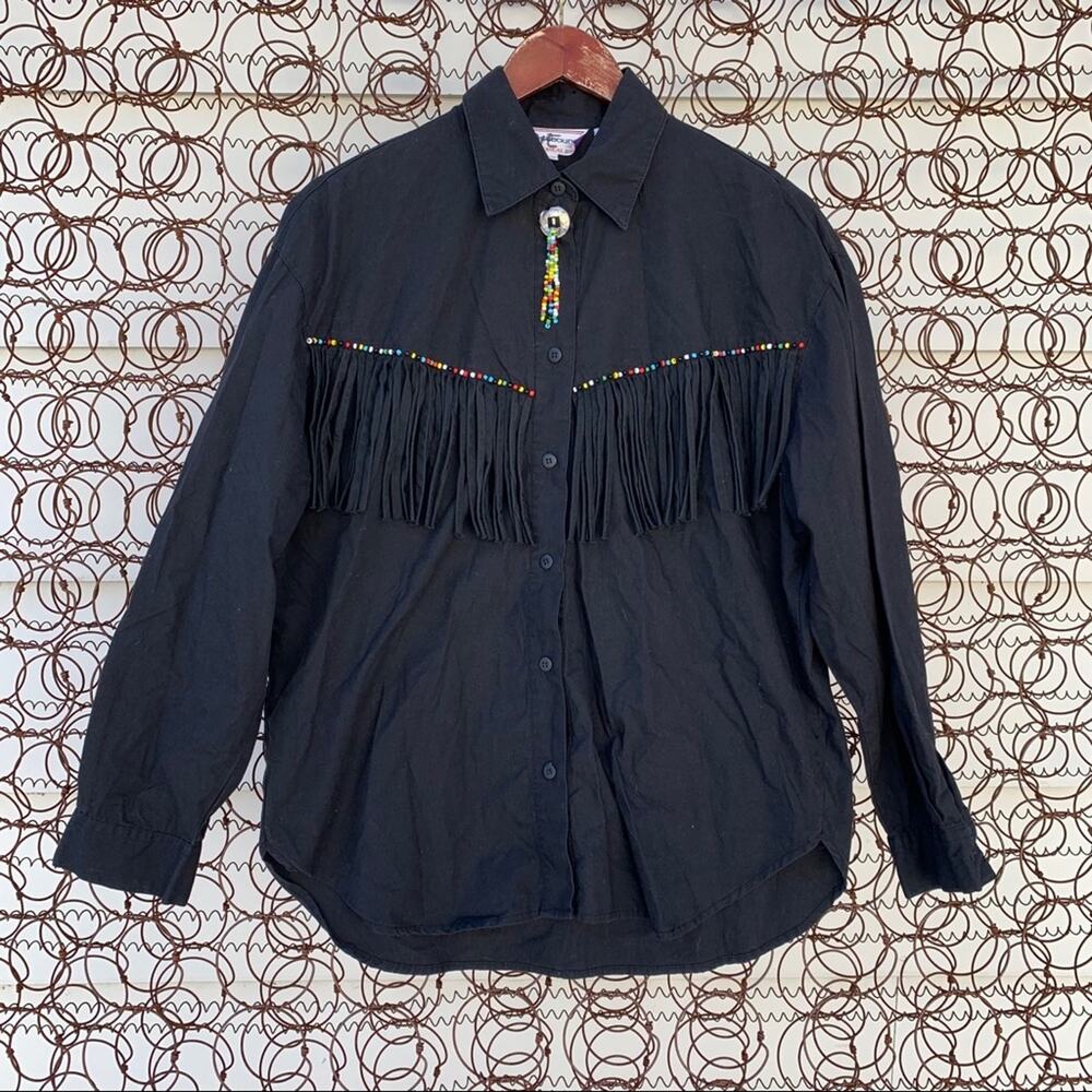 Vintage 90s fringed beaded black southwestern cowgirl western shirt
